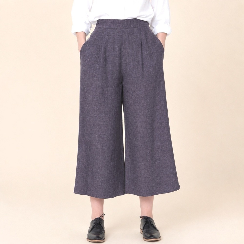 7115 by Szeki Purple Linen Cropped Wide Leg Trouser Pants Lagenlook Size Small